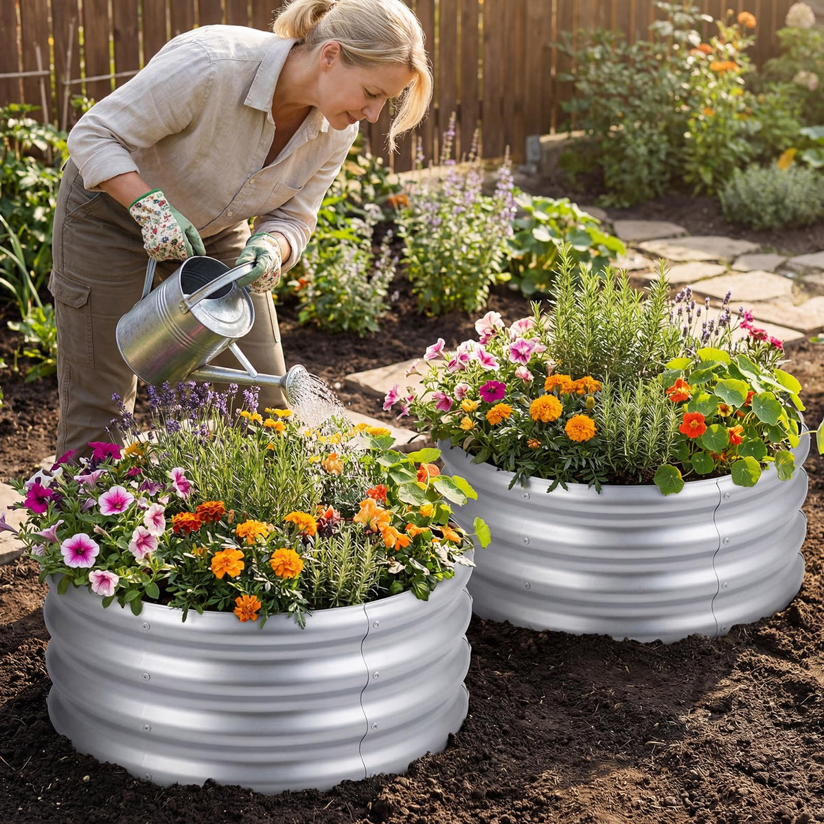 Lucktree Galvanized 2 x 2 x 1 FT Round Outdoor Planter Box with Open-Ended Base (1/2)