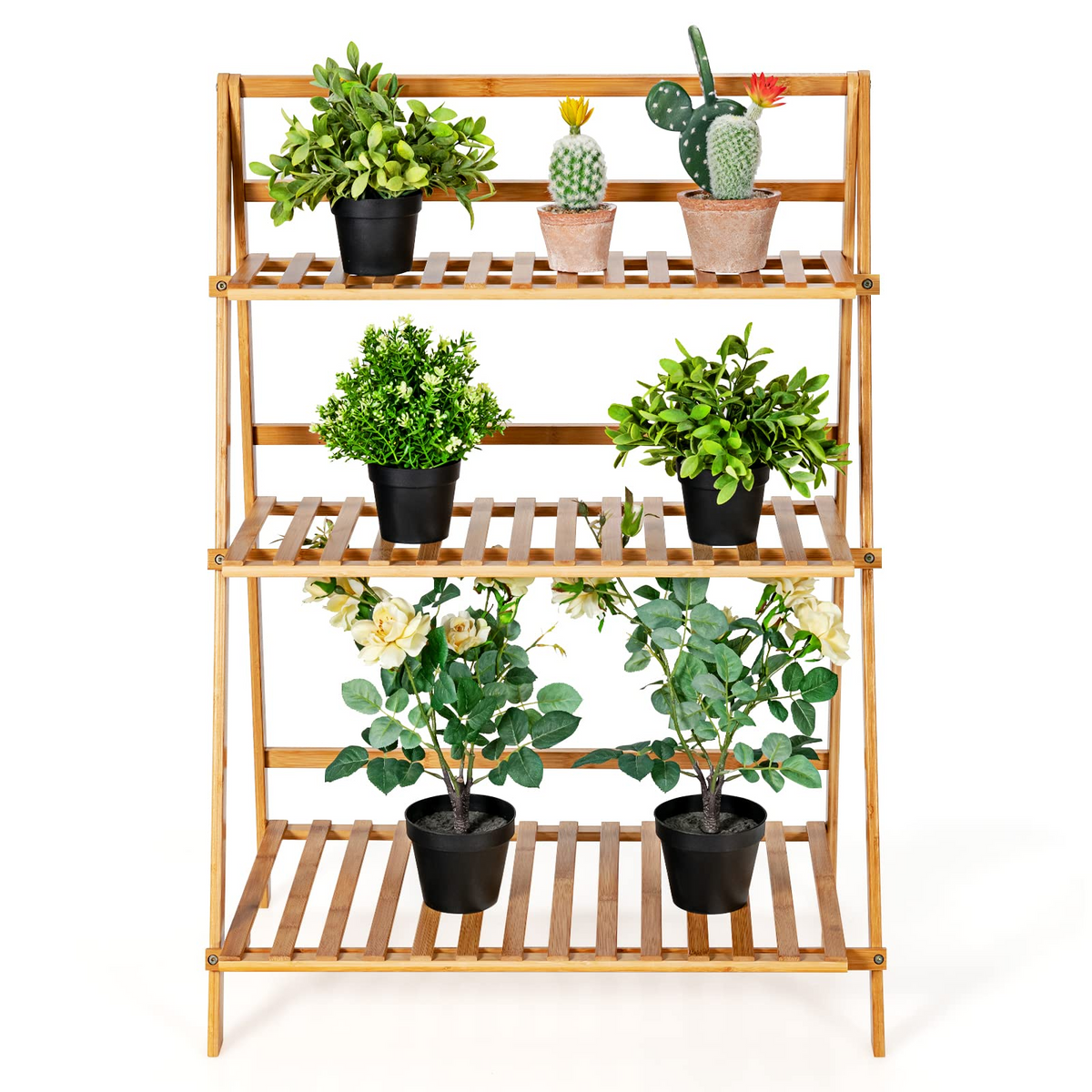 Lucktree 3 Tier Folding Storage Shelf, Bamboo Ladder Plant Stand