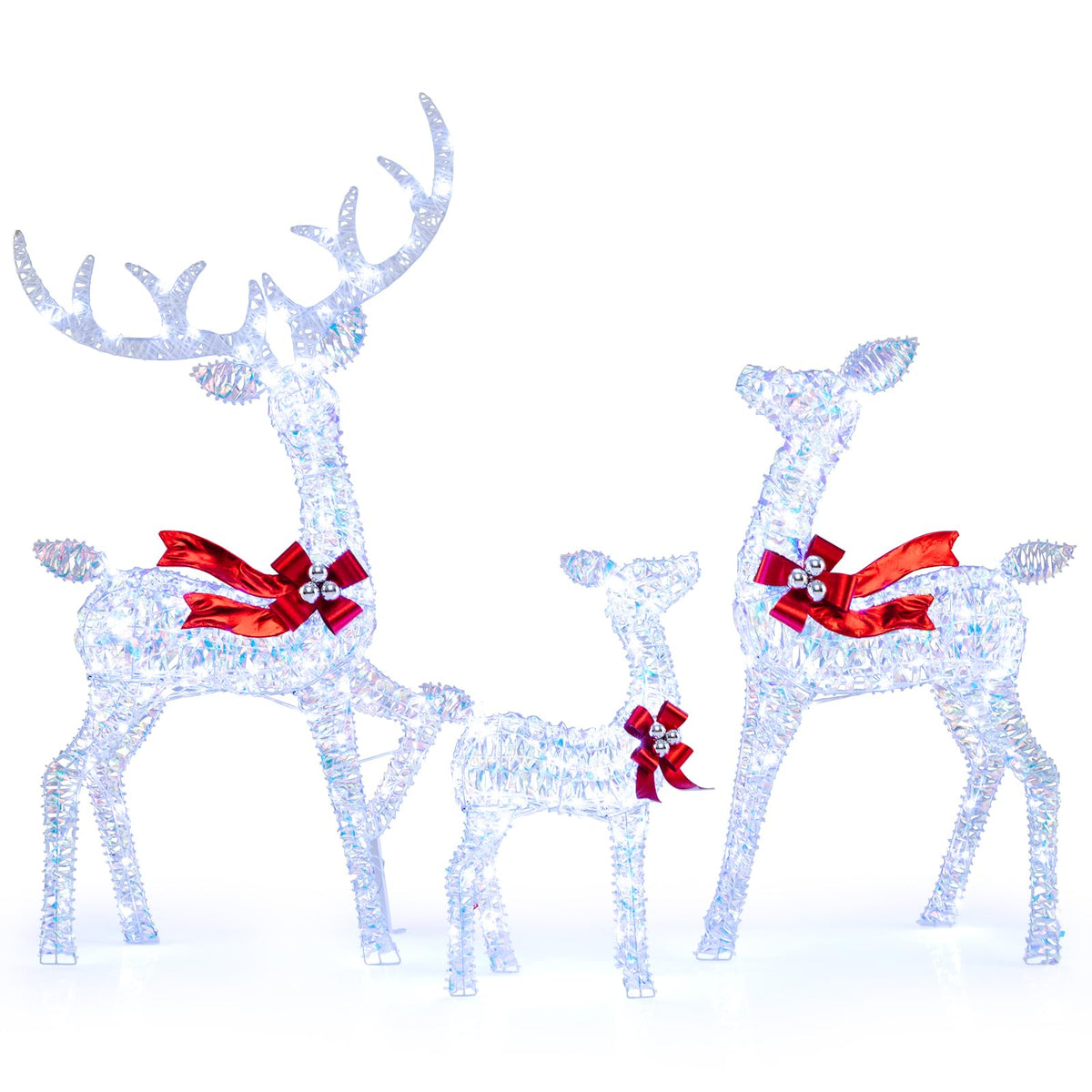 Lucktree 3-Piece Christmas Lighted Iridescent Reindeer Family Set with 215 Cold White LED Lights and Ground Stakes
