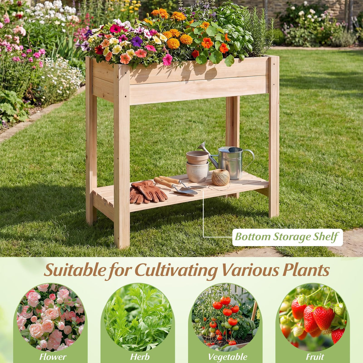 Lucktree Wood Raised Garden Bed w/Lower Shelf