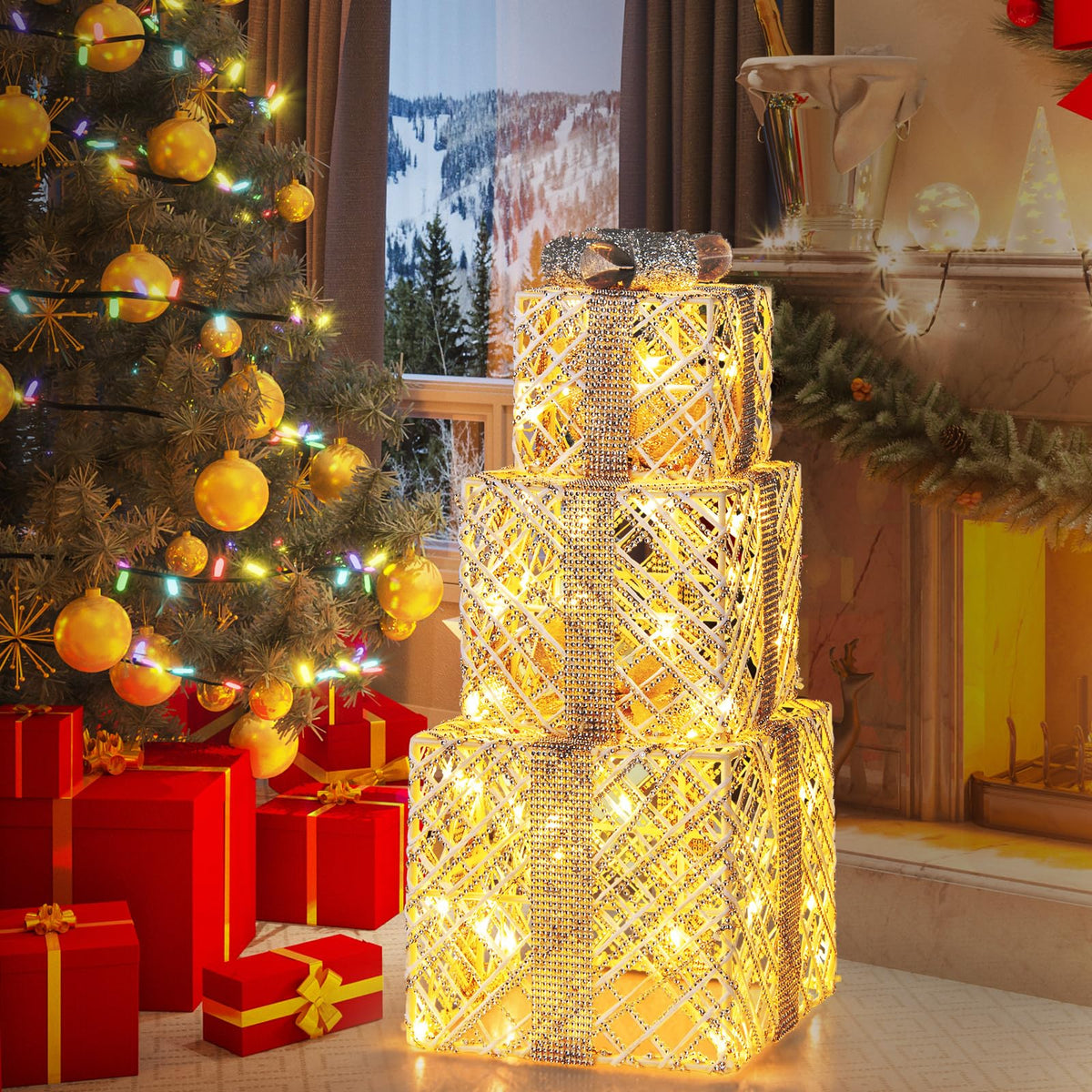 Lucktree Set of 3 Christmas Lighted Gift Boxes, 90 LED Light up Present Boxes with Bows