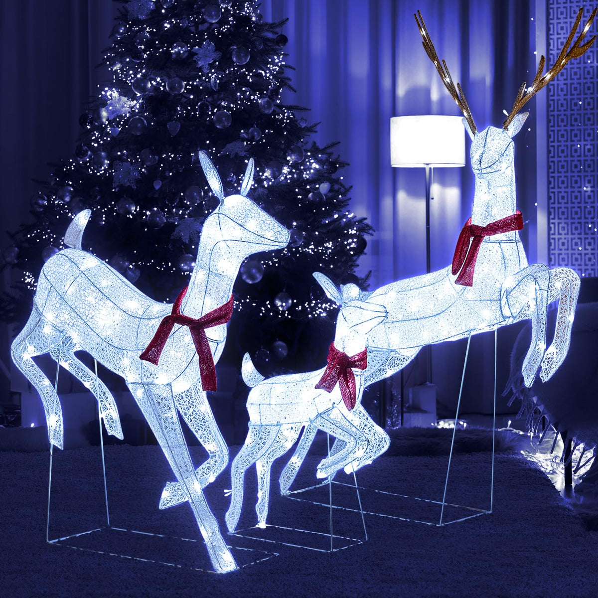 Lucktree 3-Piece Large Lighted Christmas Reindeer Family, Light up Xmas Decorations w/255 LED Lights & Scarves