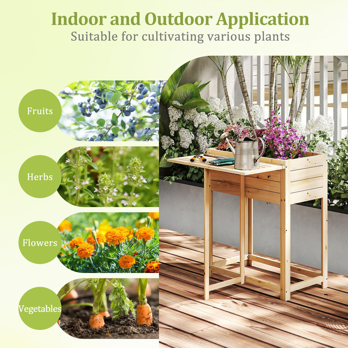 Lucktree Wood Raised Garden Bed w/Folding Drop-Leaf Potting Table