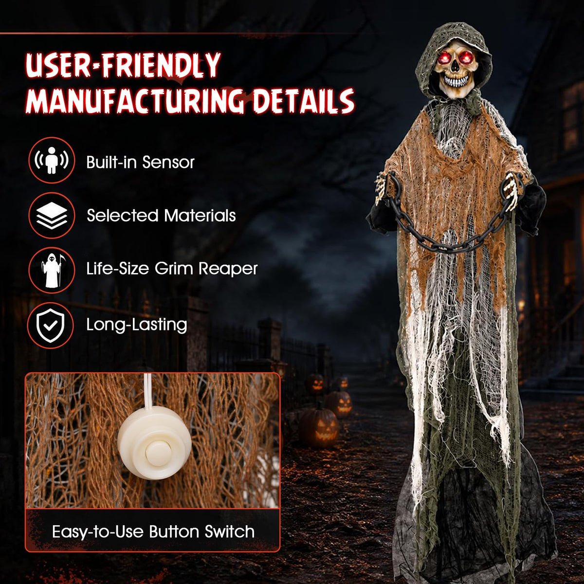 Lucktree 5.7 FT Life-Size Animated Halloween Skeleton Reaper with Chain
