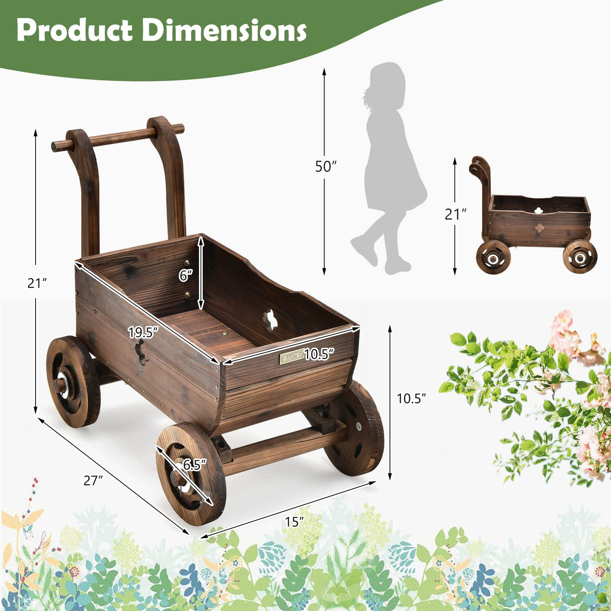 Lucktree Wooden Wagon Planter Raised Bed on Wheels, Handle, Drainage Hole