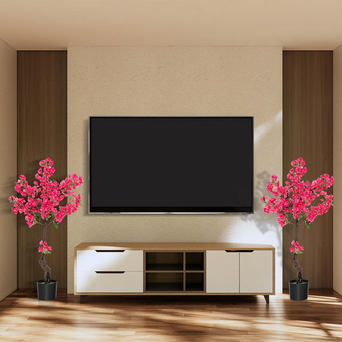 Lucktree 41” Artificial Plum Blossom Tree, Fake Floral Plant with 92 Flowers & Realistic Trunk in Plastic Nursery Pot