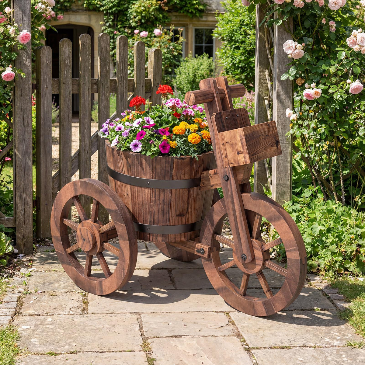 Lucktree Wooden Wagon Planter with Wheels for Patio Backyard Balcony