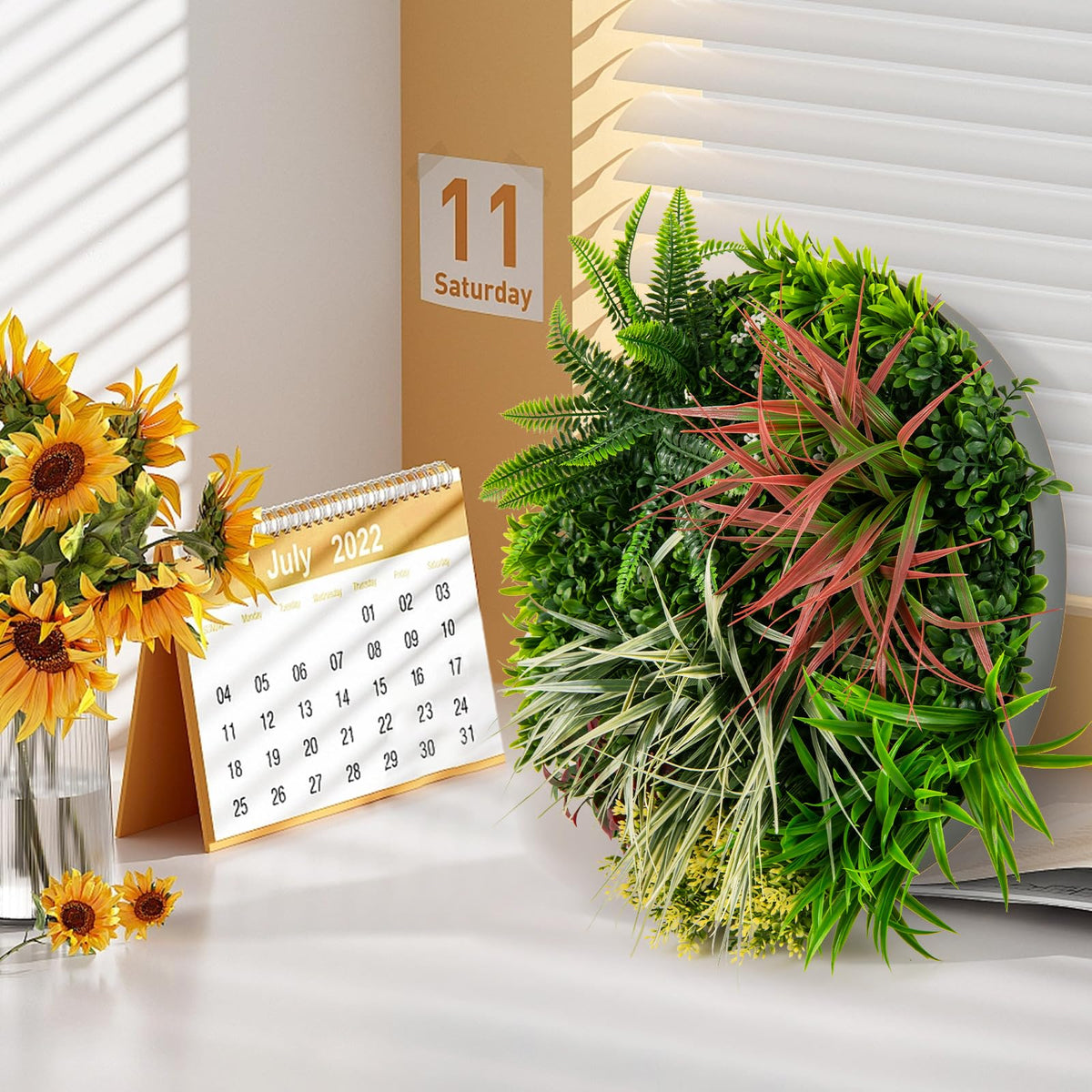 Lucktree 2 Pack Hanging Artificial Plants Panels, 20" Round Framed 3D Greenery Wall Art Decor