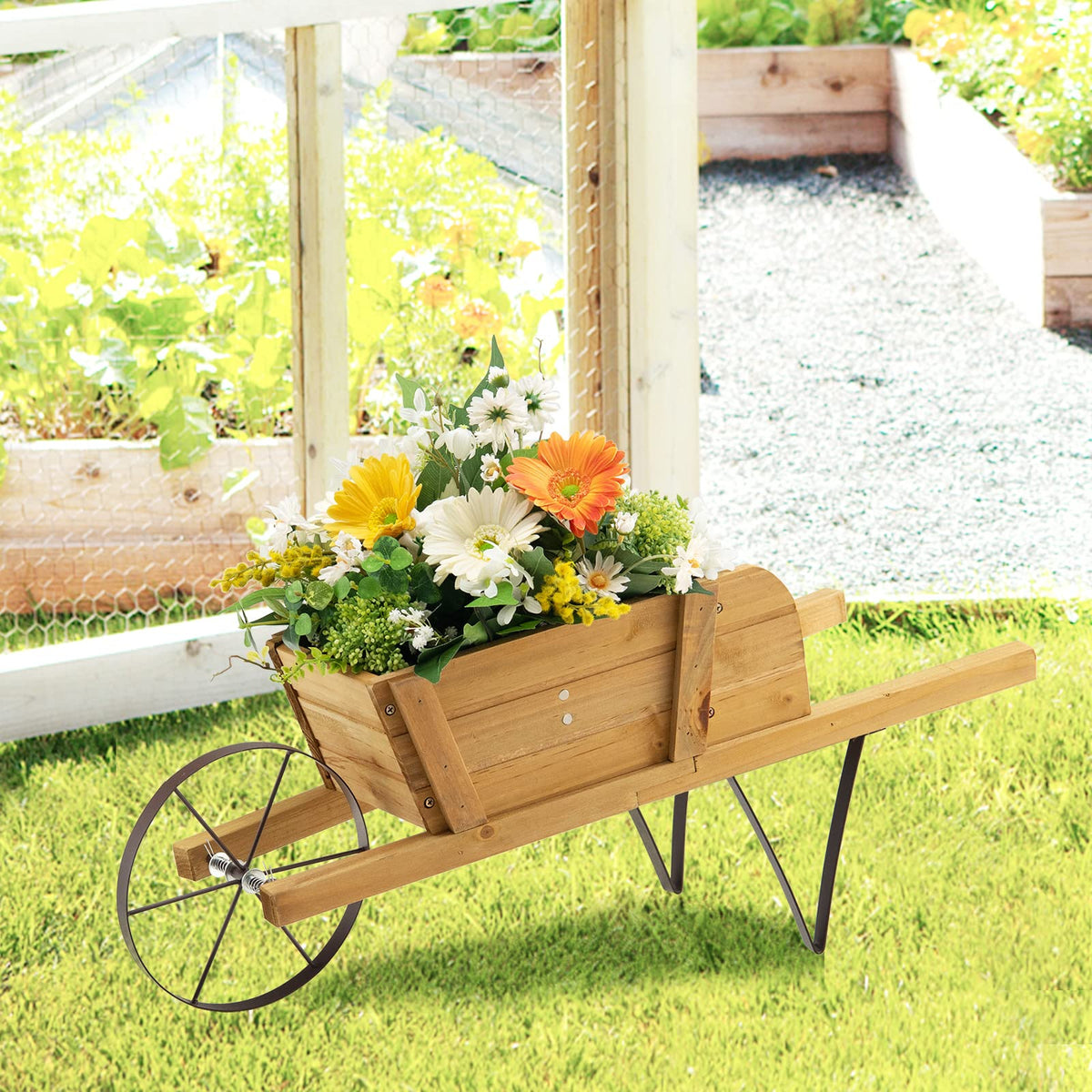 Lucktree Wooden Wagon Planter, Small Wheelbarrow Wagon Flower, Indoor & Outdoor Raised Bed