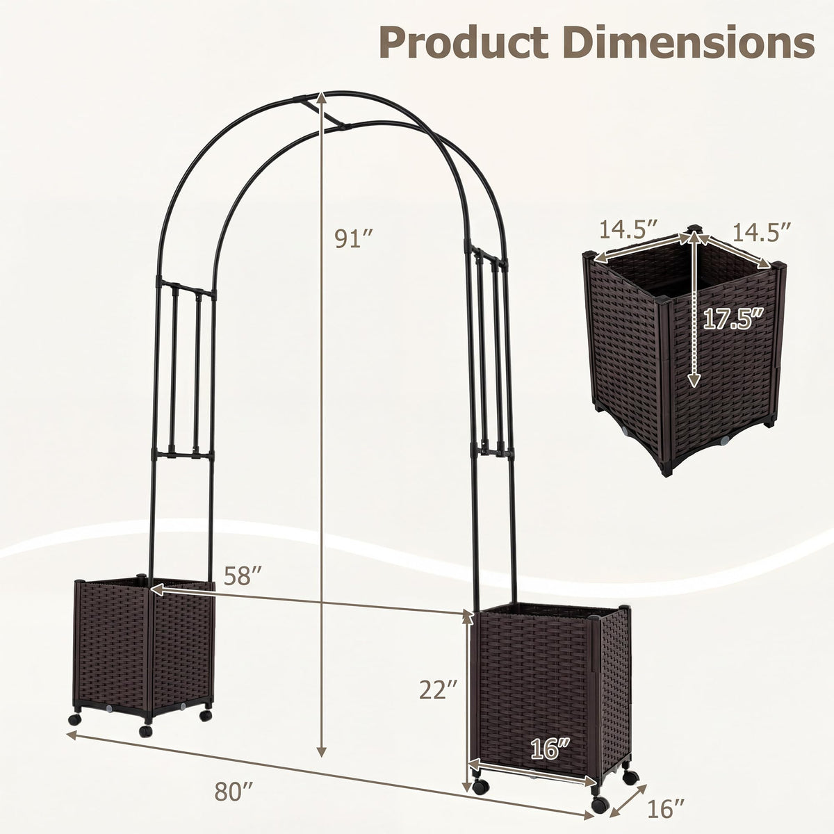 Lucktree Metal Garden Arch Trellis Arbor with 2 Self-Watering Planter Boxes