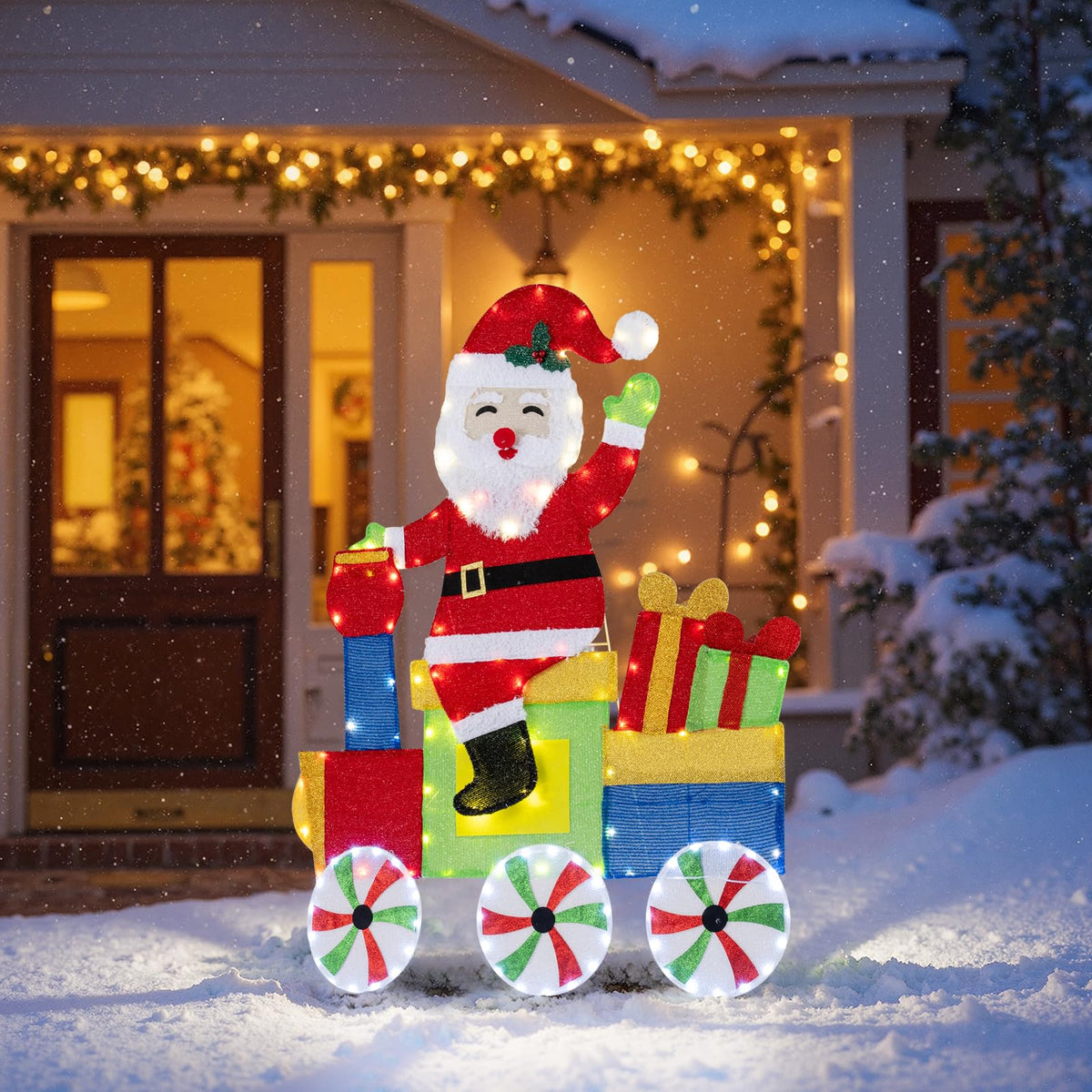 Lucktree Lighted Santa on Train Christmas Decoration with LED Lights