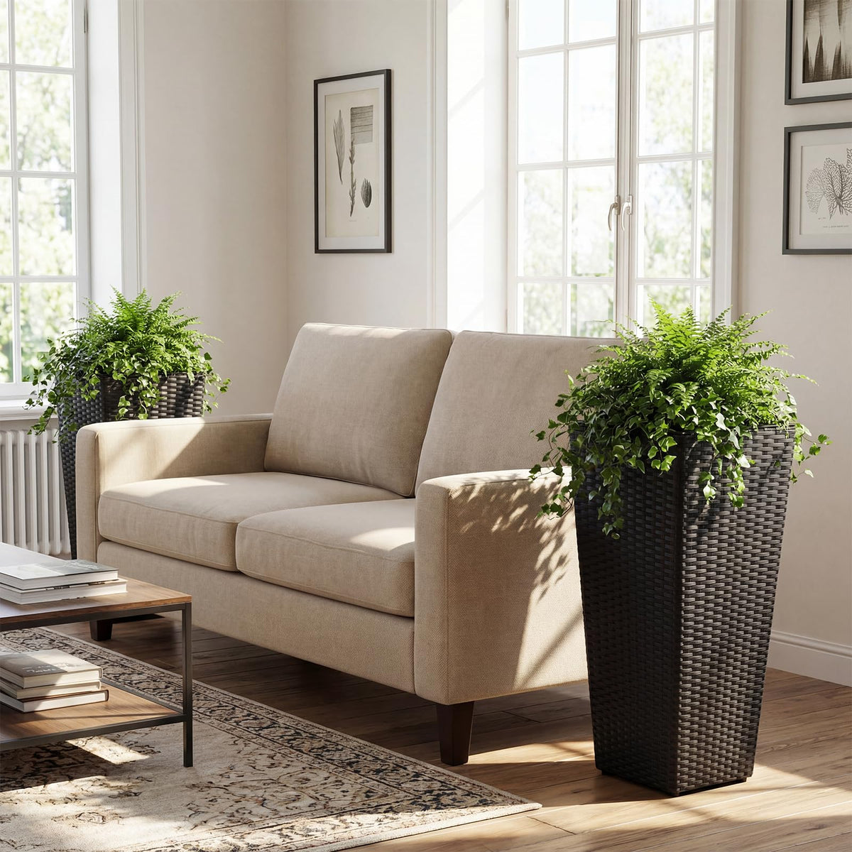 Lucktree Set of 2 Rattan Tall Plant Pots with Detachable Plastic Liners