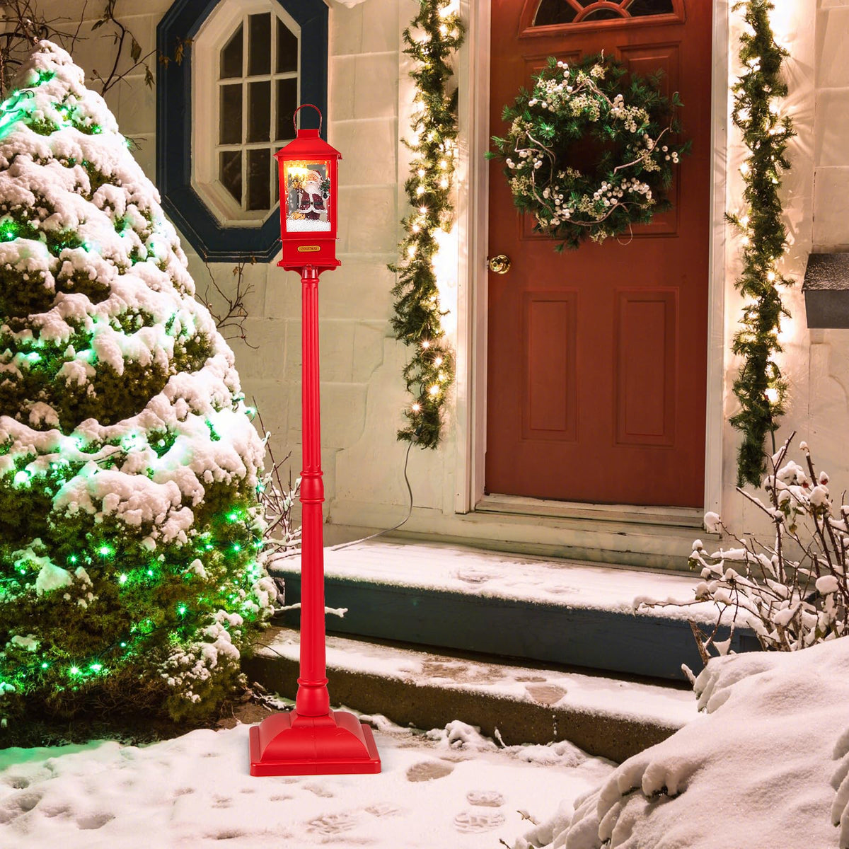 Lucktree 61 Inch Christmas Street Lamp, Festive Musical Lamp Post w/Detachable Snow Globe Lantern