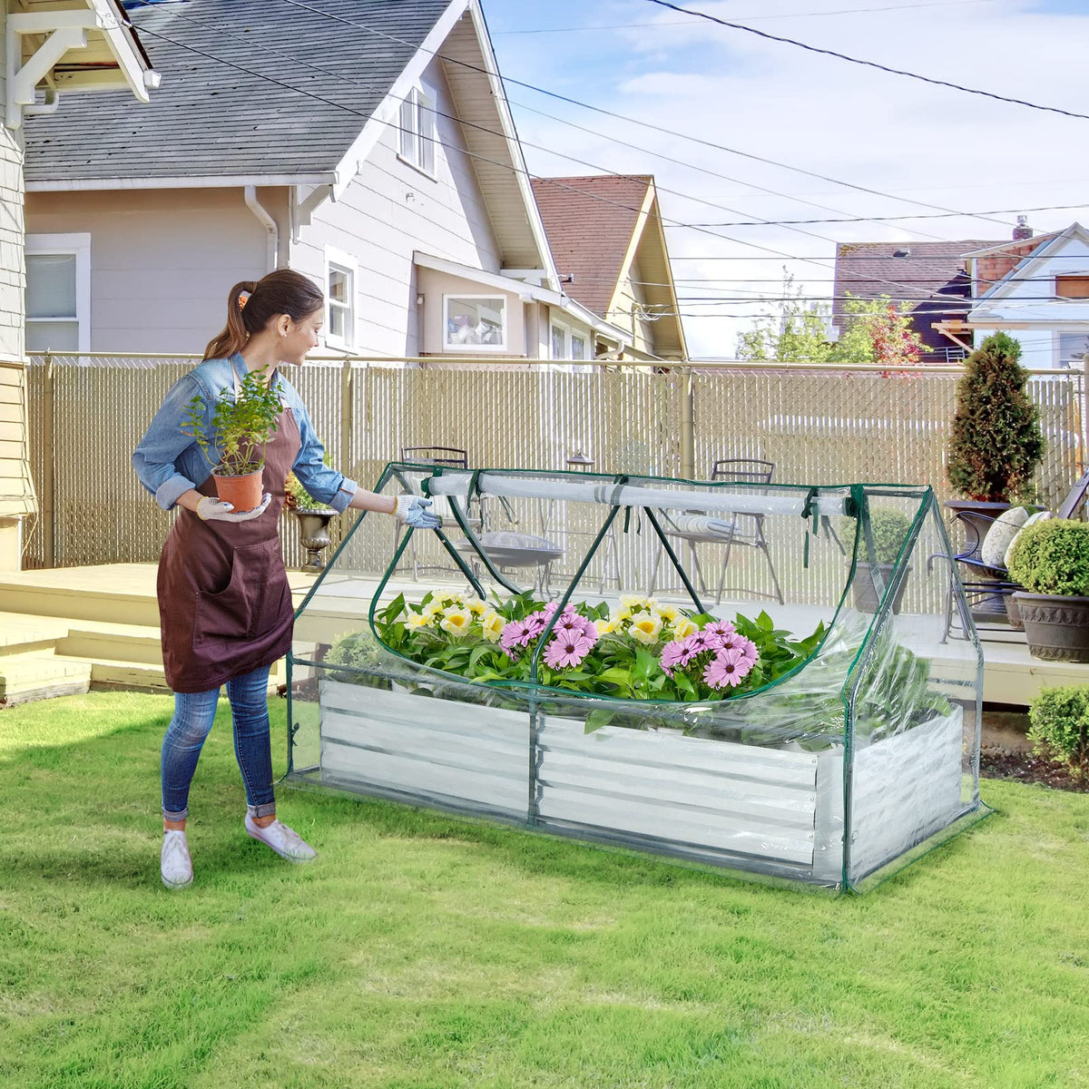 Lucktree Galvanized Steel Raised Garden Bed with Mini Greenhouse, Outdoor Metal Planter Box Kit with Large Roll-up PVC Cover