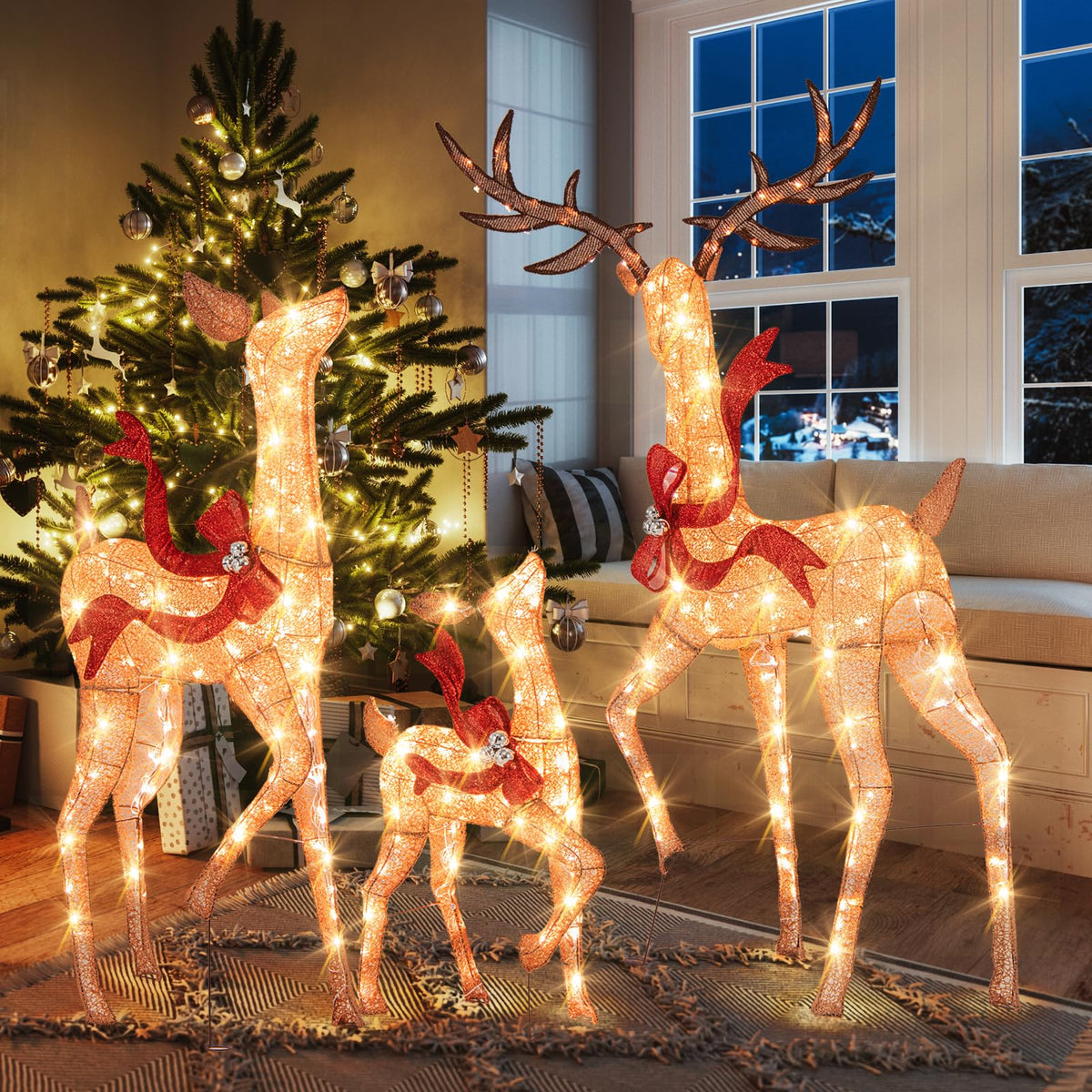 Lucktree 3-Piece Large Lighted Christmas Reindeer Family, Light up Xmas Decorations w/440 LED Lights