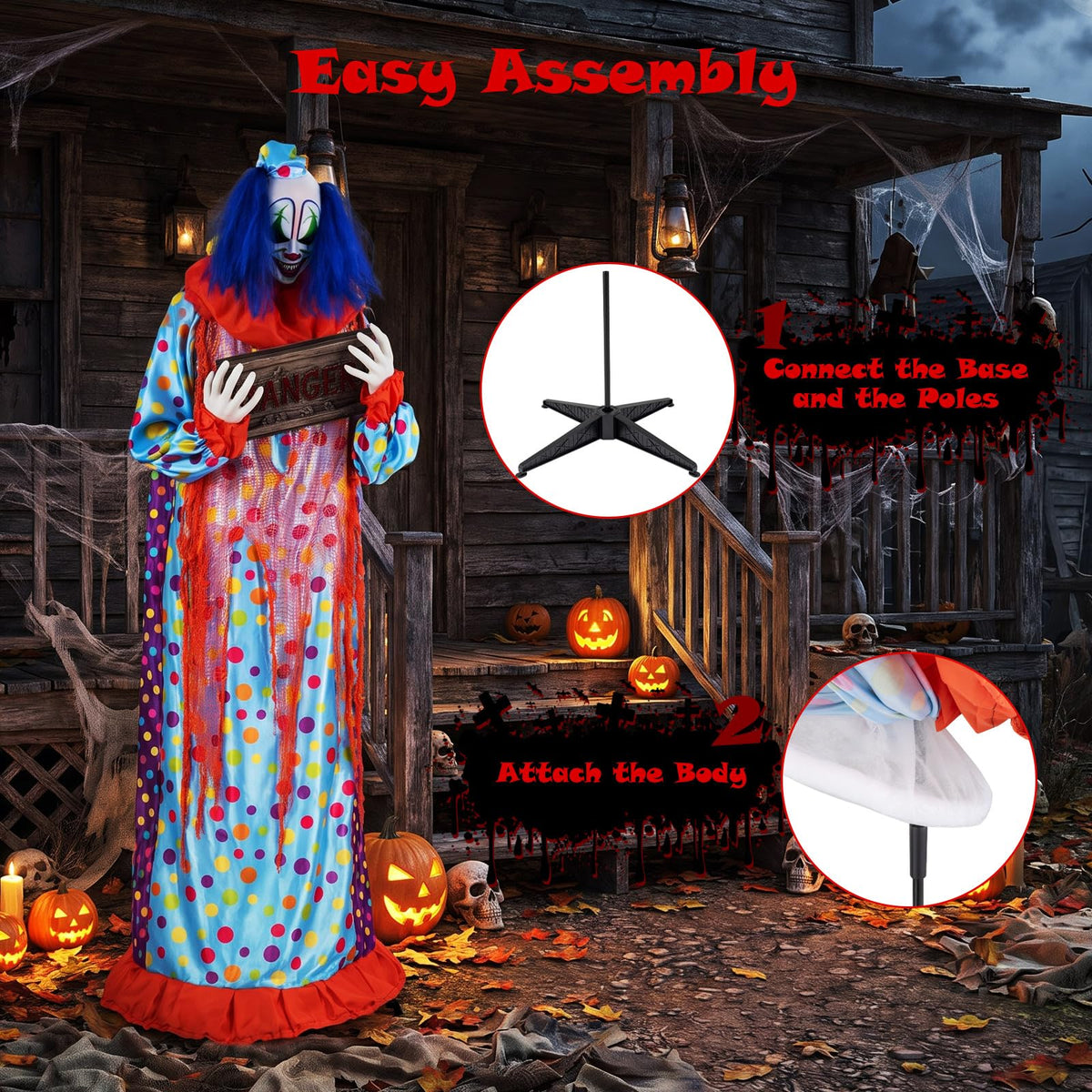 Lucktree 5.6 FT Halloween Animated Clown with Snap-up Head & Glowing Eyes