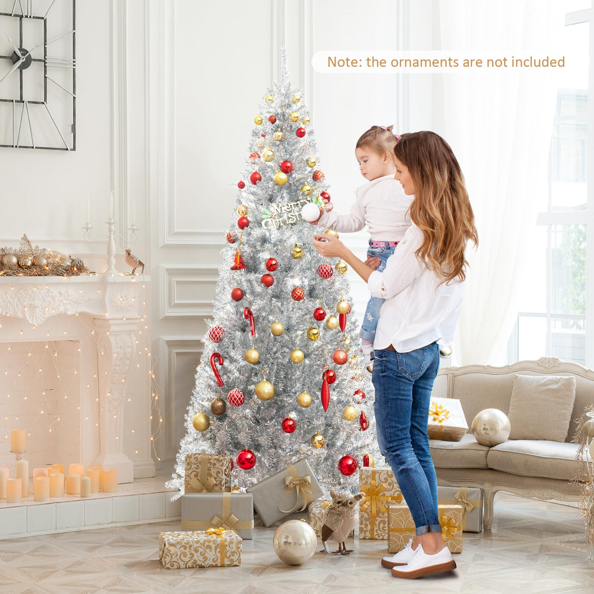 Lucktree 6ft Pre-lit Silver Pencil Christmas Tree, Artificial Tinsel Electroplated Tree, Decor for Home