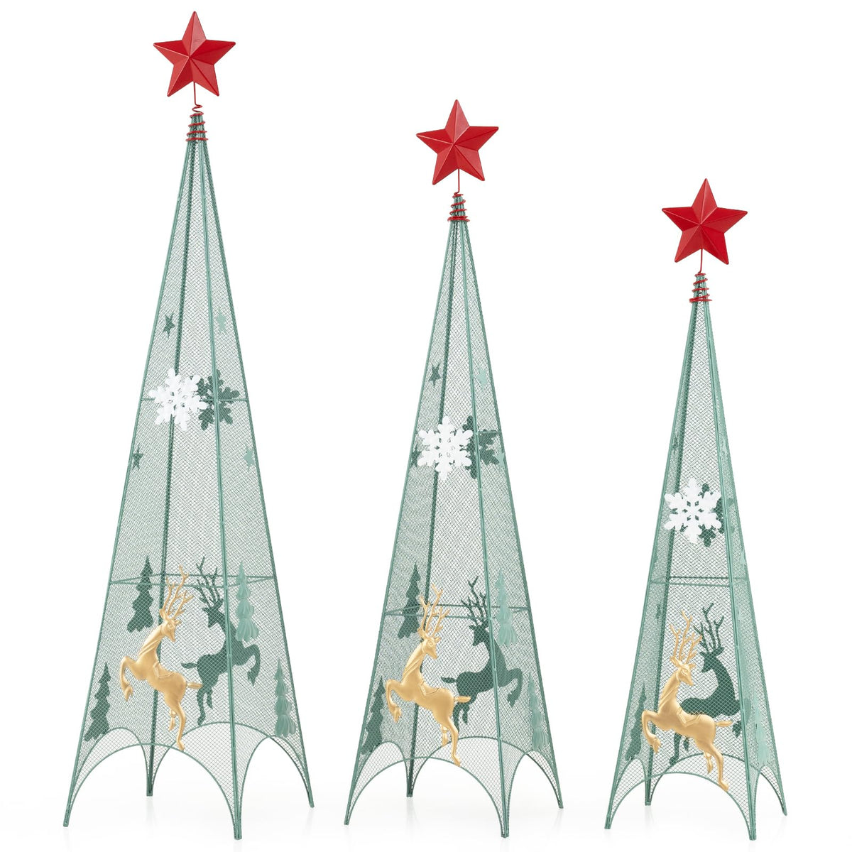 Lucktree Set of 3 Tower Shaped Christmas Trees (3ft/3.5ft/4ft), Artificial Xmas Metal Trees with Removable Star Toppers & Reindeer