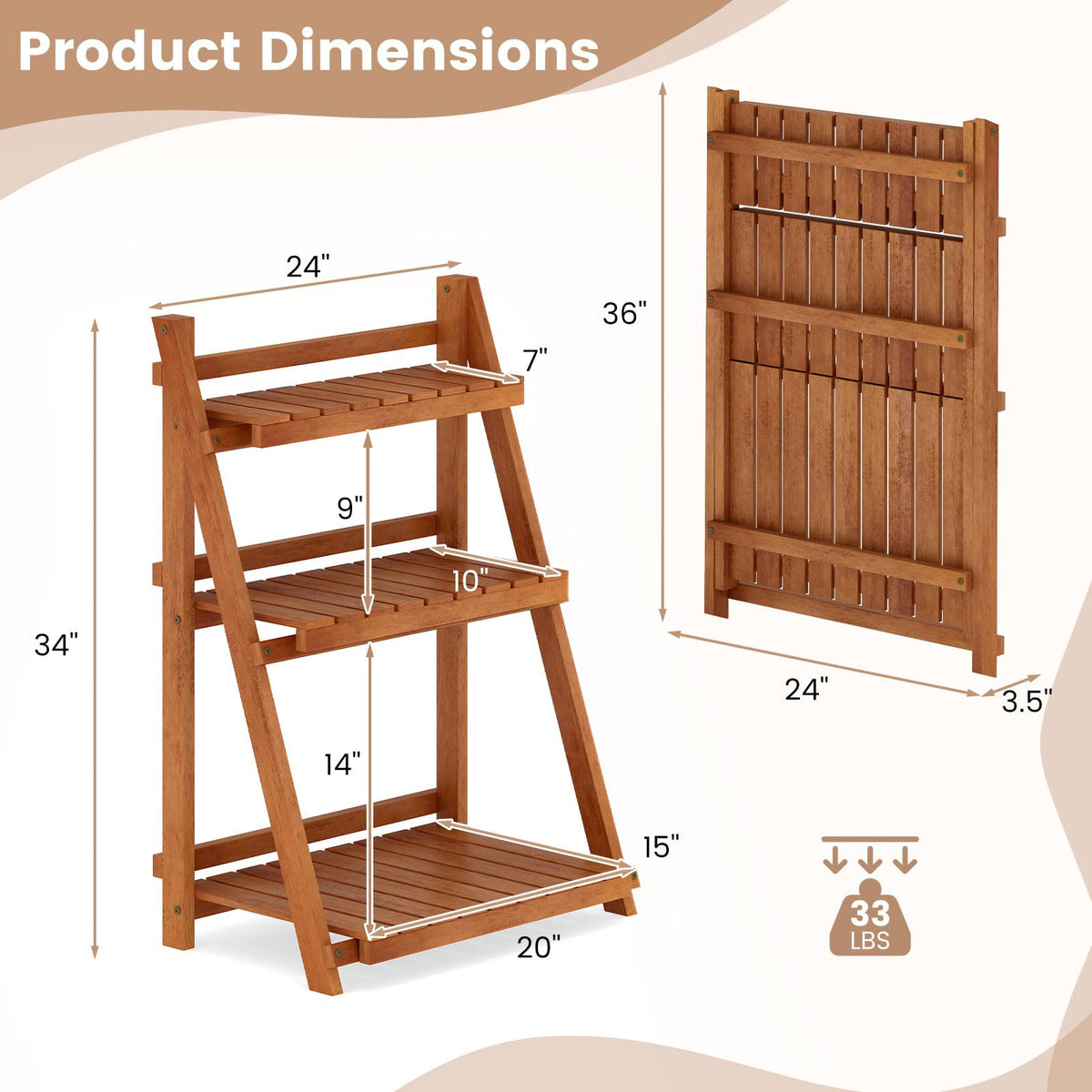 Lucktree Foldable Ladder Plant Shelf 3-Tier Solid Wood Indoor Outdoor Flower Pot Display Rack