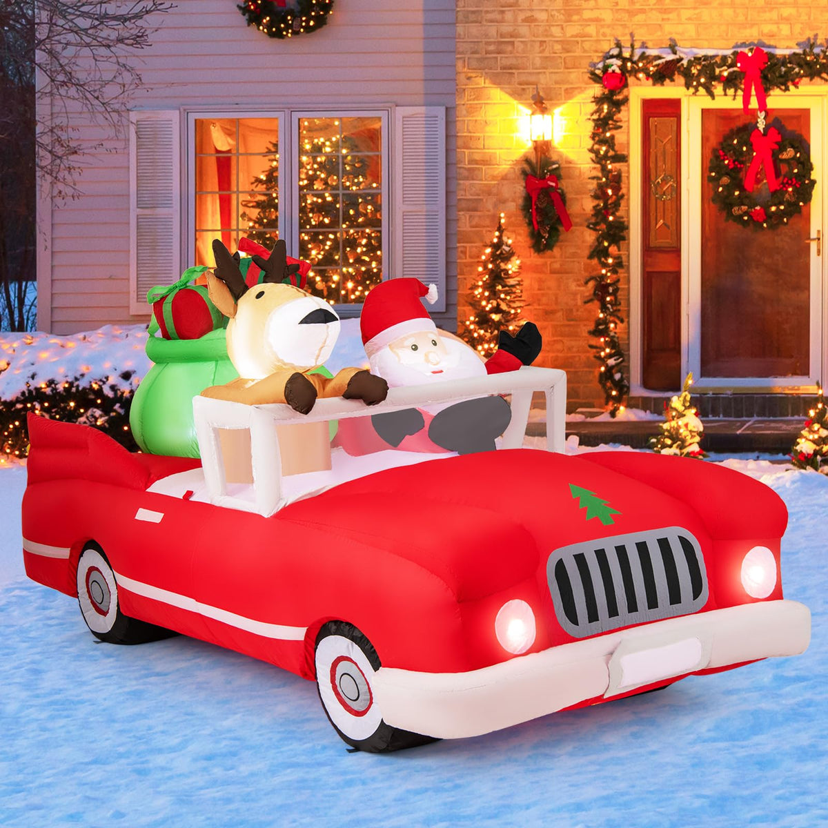 Lucktree 7.7 FT Long Lighted Xmas Inflatable Santa Claus & Reindeer Driving Red Car Gift Boxes