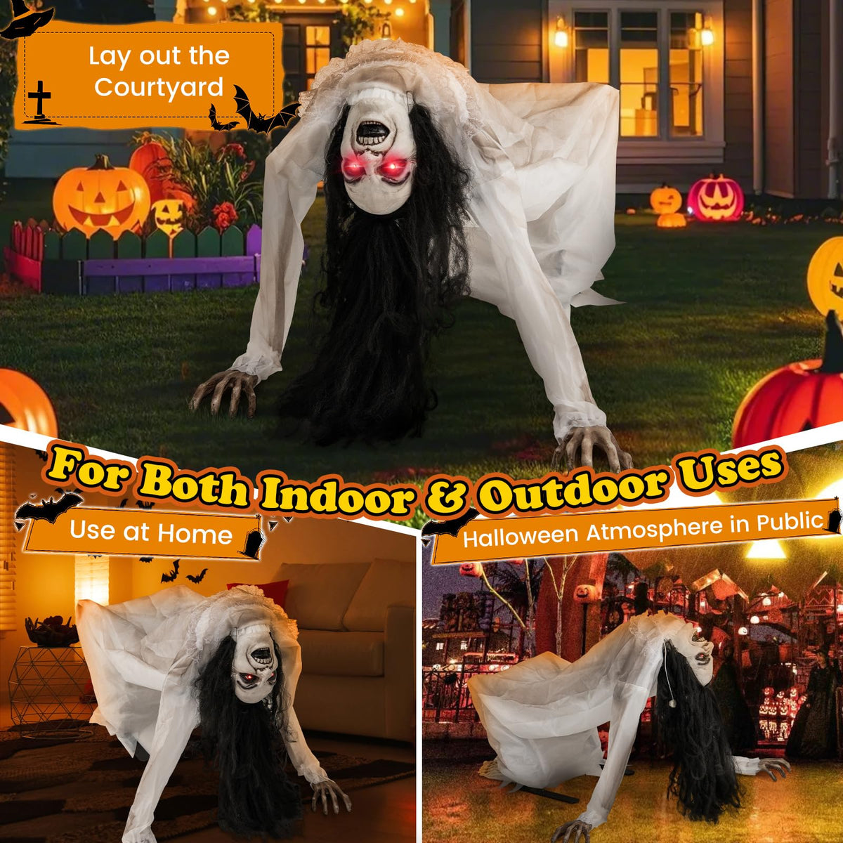 Lucktree Halloween Animated Crawling Woman with LED Eyes, Animatronic Zombie Woman Crawler with Vocally Triggered Sound & Motion Effects