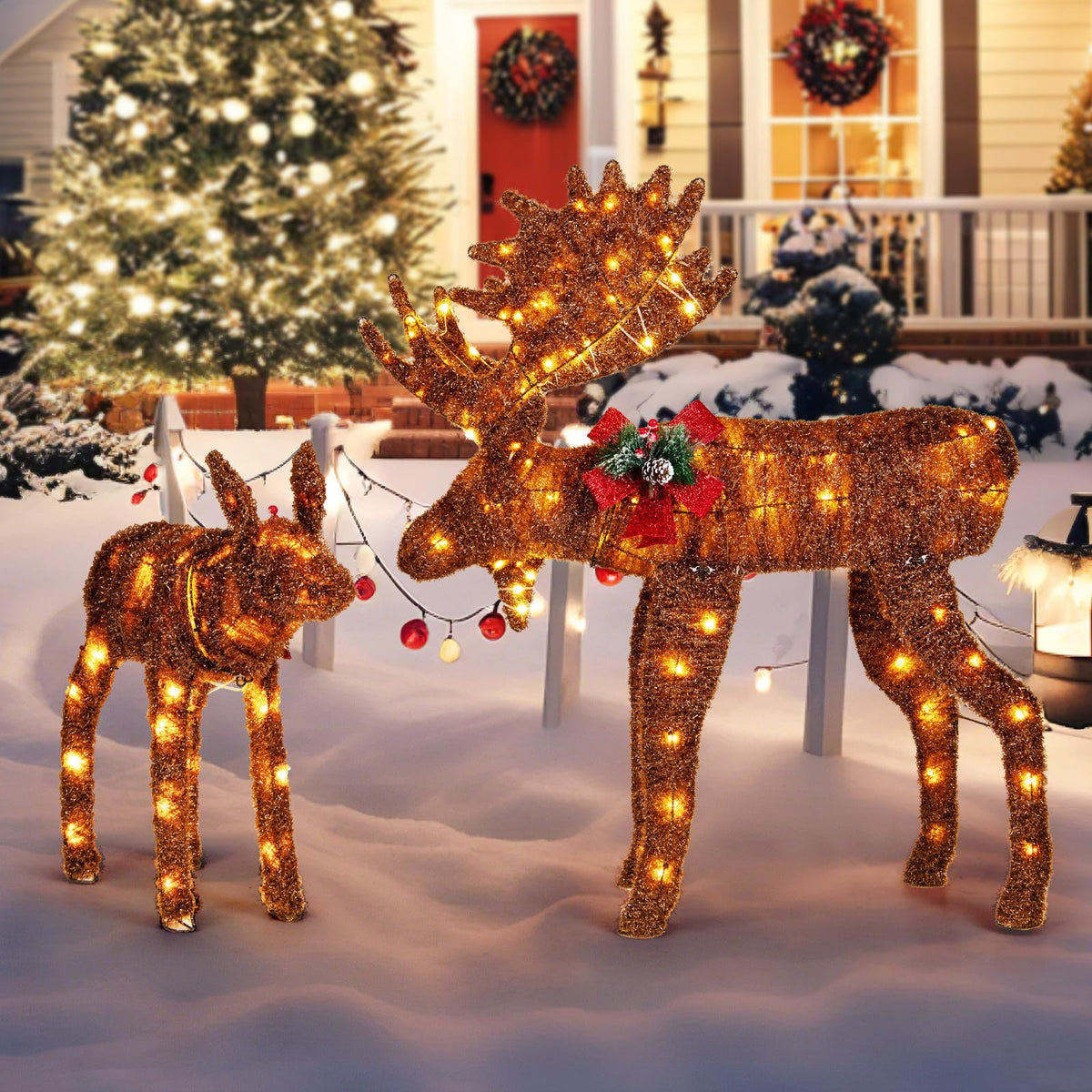 Lucktree 2 Pieces Lighted Christmas Moose Family, Light-up Xmas Deer Decorations with 170 LED Lights