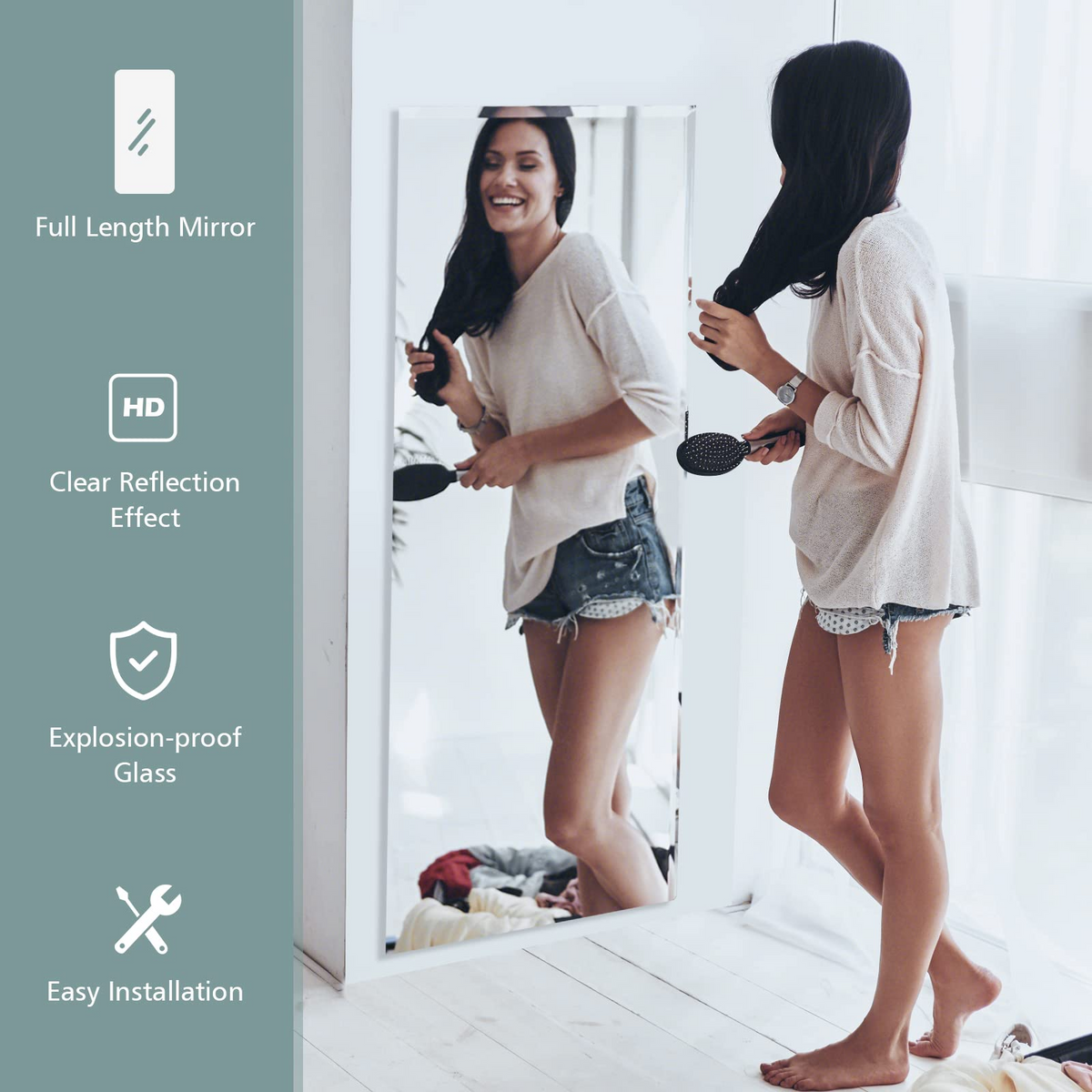 Lucktree Full Length Mirror Wall Mounted , 43 x 15 Inch Rectangle Frameless Mirror w/Beveled Edge, Wall Dressing Mirror