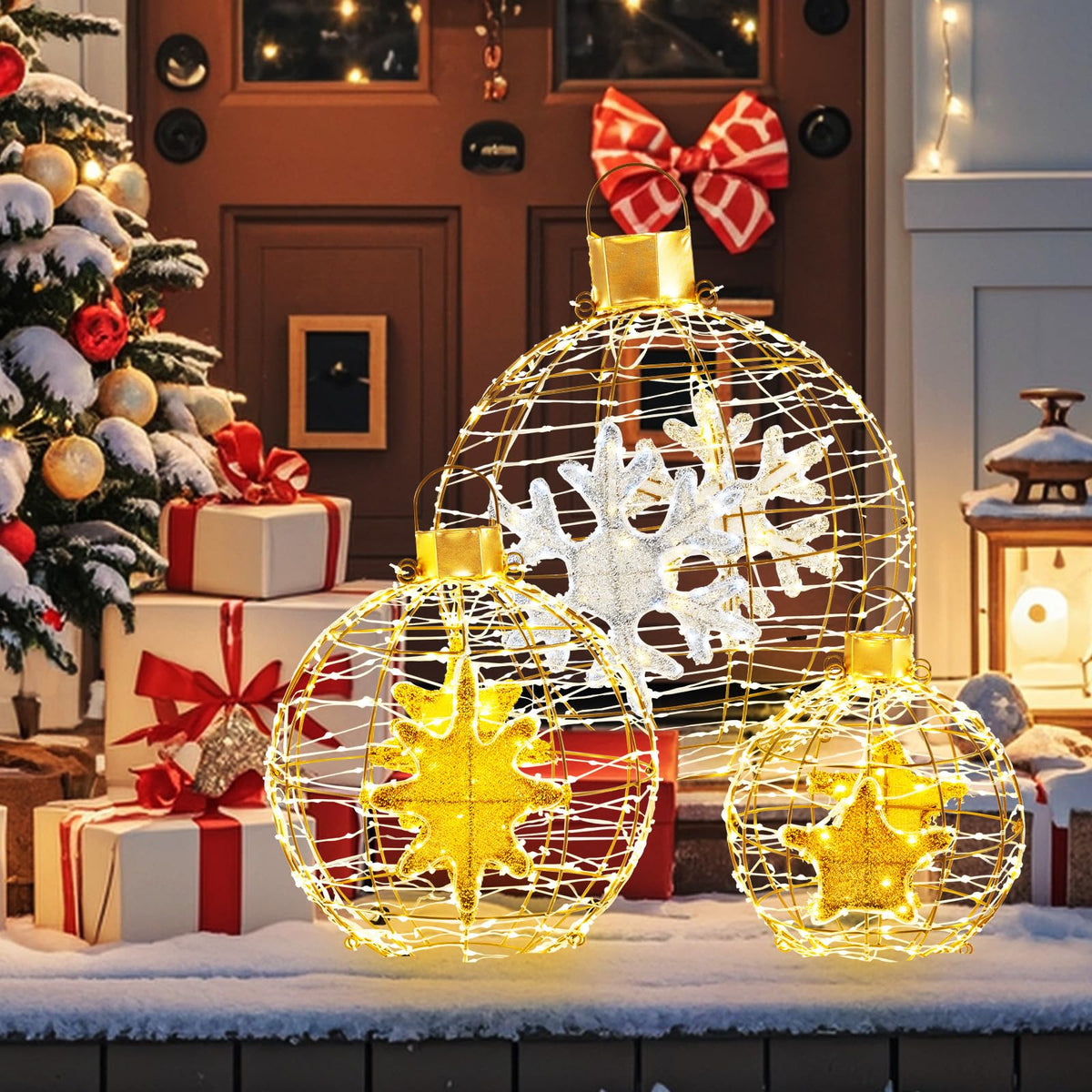 Lucktree 3 PCS Pre-Lit Lantern Balls, Hanging/Standing Christmas Ornaments with 732 Bright LED Lights, Zip Ties & Ground Stakes