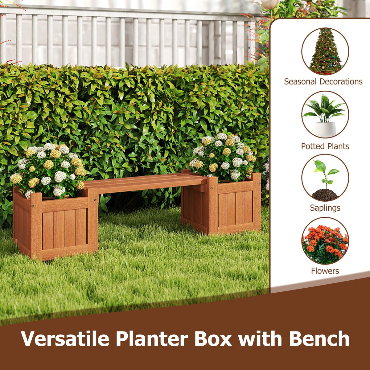 Lucktree 2-in-1 Outdoor Bench with 2/4 Planter Boxes Wood with Teak Oil Finish 42"x11"x11.5"