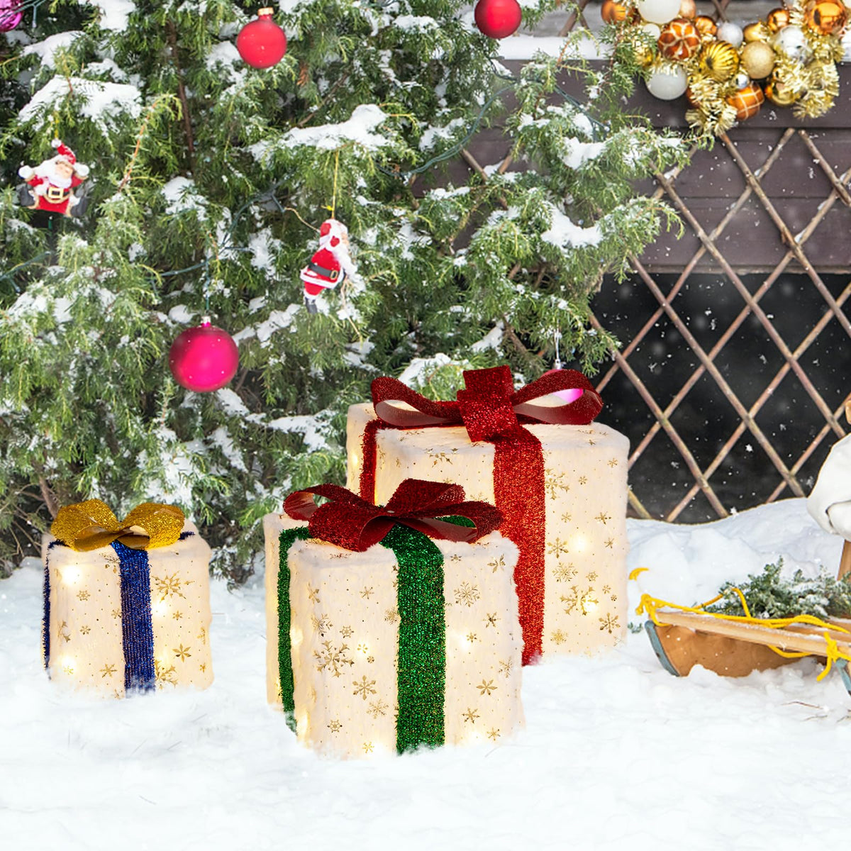 Lucktree Set of 3 Christmas Lighted Gift Boxes, Pre-lit Christmas Decoration with 48 Bright Warm Lights
