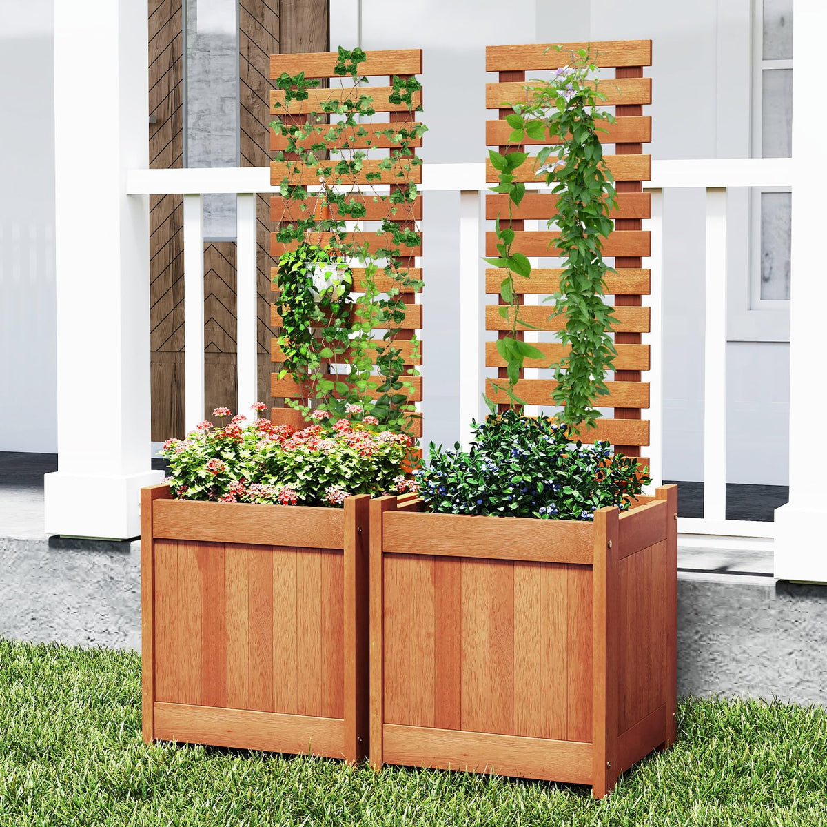 Lucktree Outdoor Wooden Raised Garden Bed with Trellis