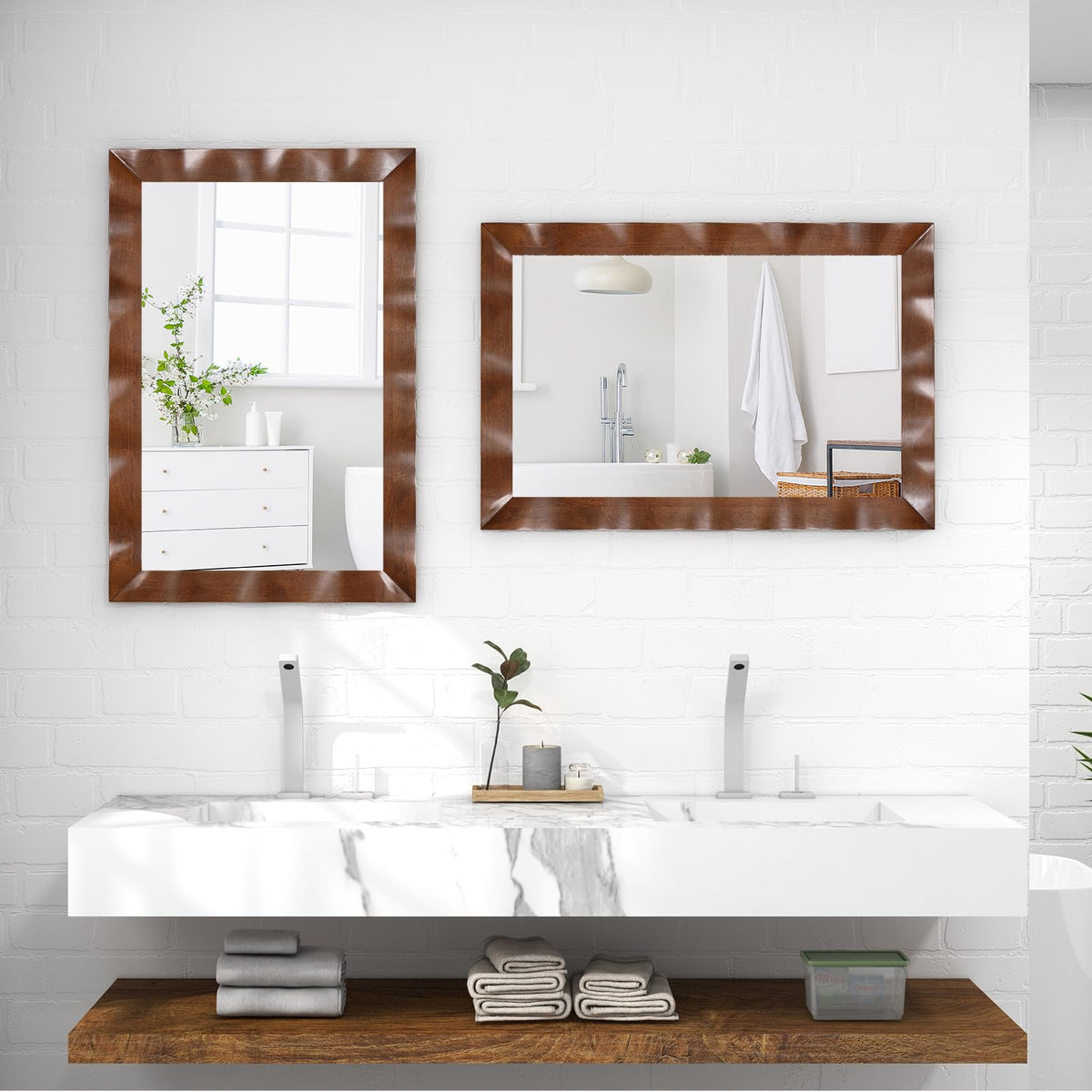 Lucktree 41.5" x 28" Farmhouse Wall Mirror, Rubber Wood Rustic Style Wall Mirror
