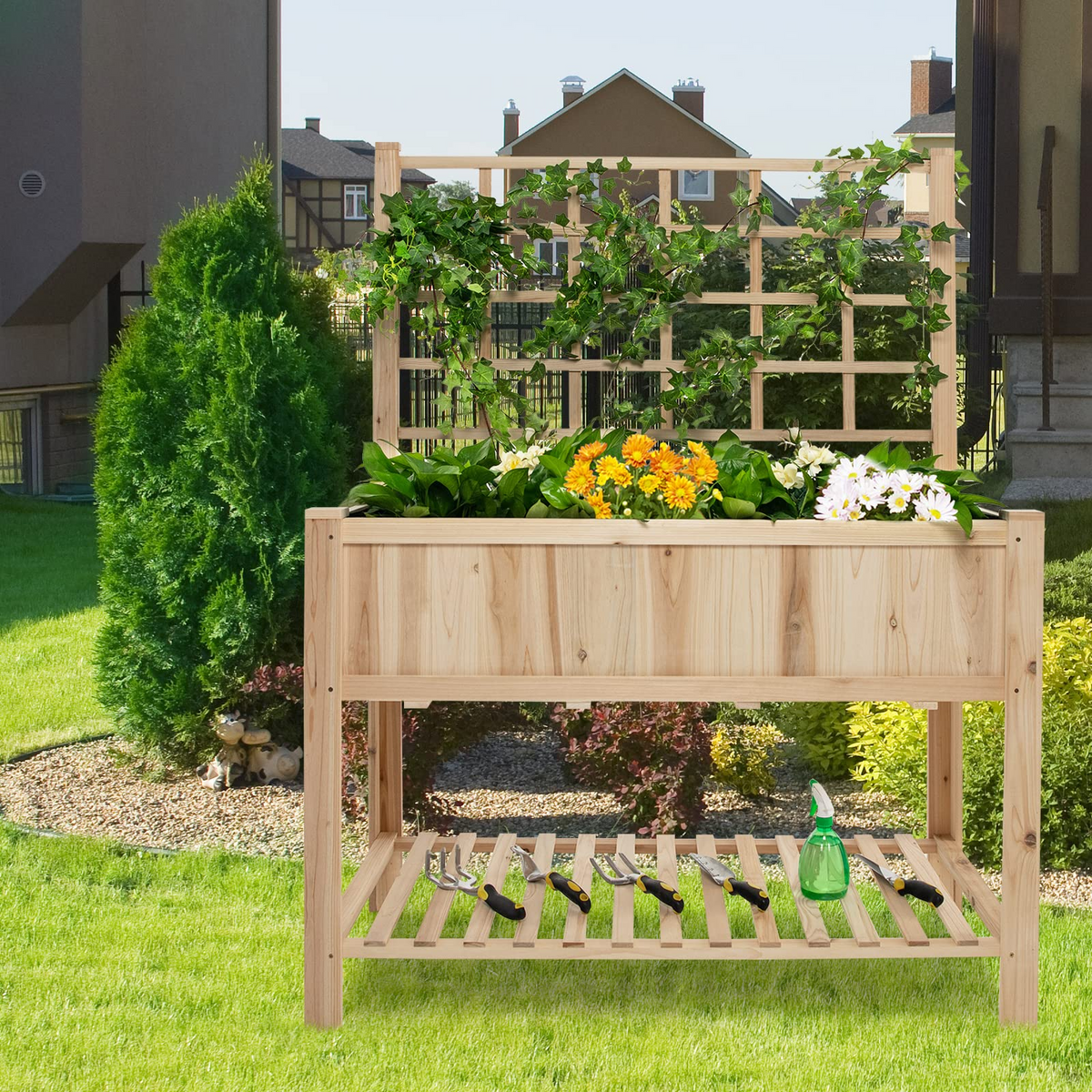 Lucktree Wood Planter with Trellis, Standing Raised Garden Bed