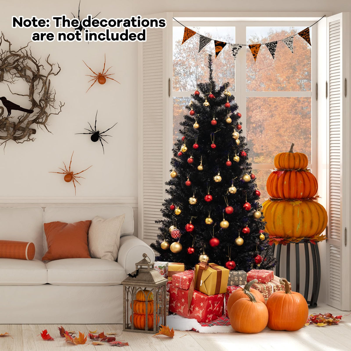 Lucktree 6/7/8 FT Pre-Lit Black Halloween Tree, Artificial Hinged Christmas Tree with 280/380/500 Orange & Purple LED Lights