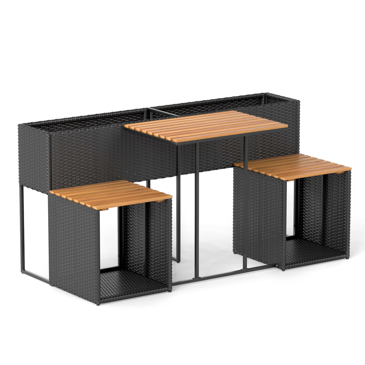 Lucktree PE Rattan Garden Planter Table with Built-in Chairs and Storage Space