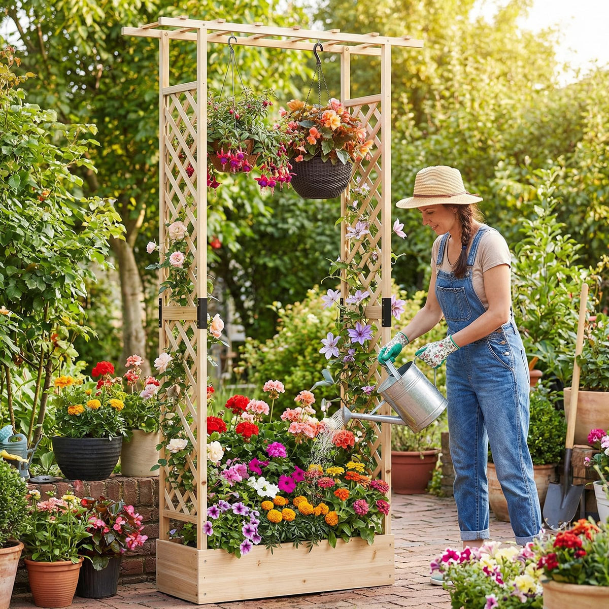 Lucktree Wooden Raised Garden Bed with Trellis & Hanging Roof