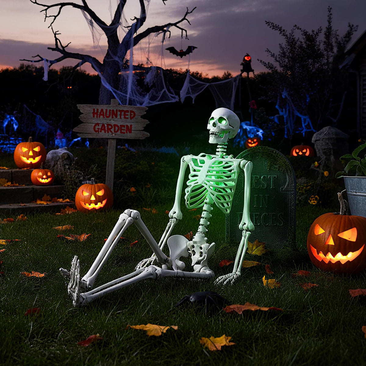 Lucktree 63" Life-Size Posable Skeleton with Green LED Lights Halloween Lighted Skeleton Decoration