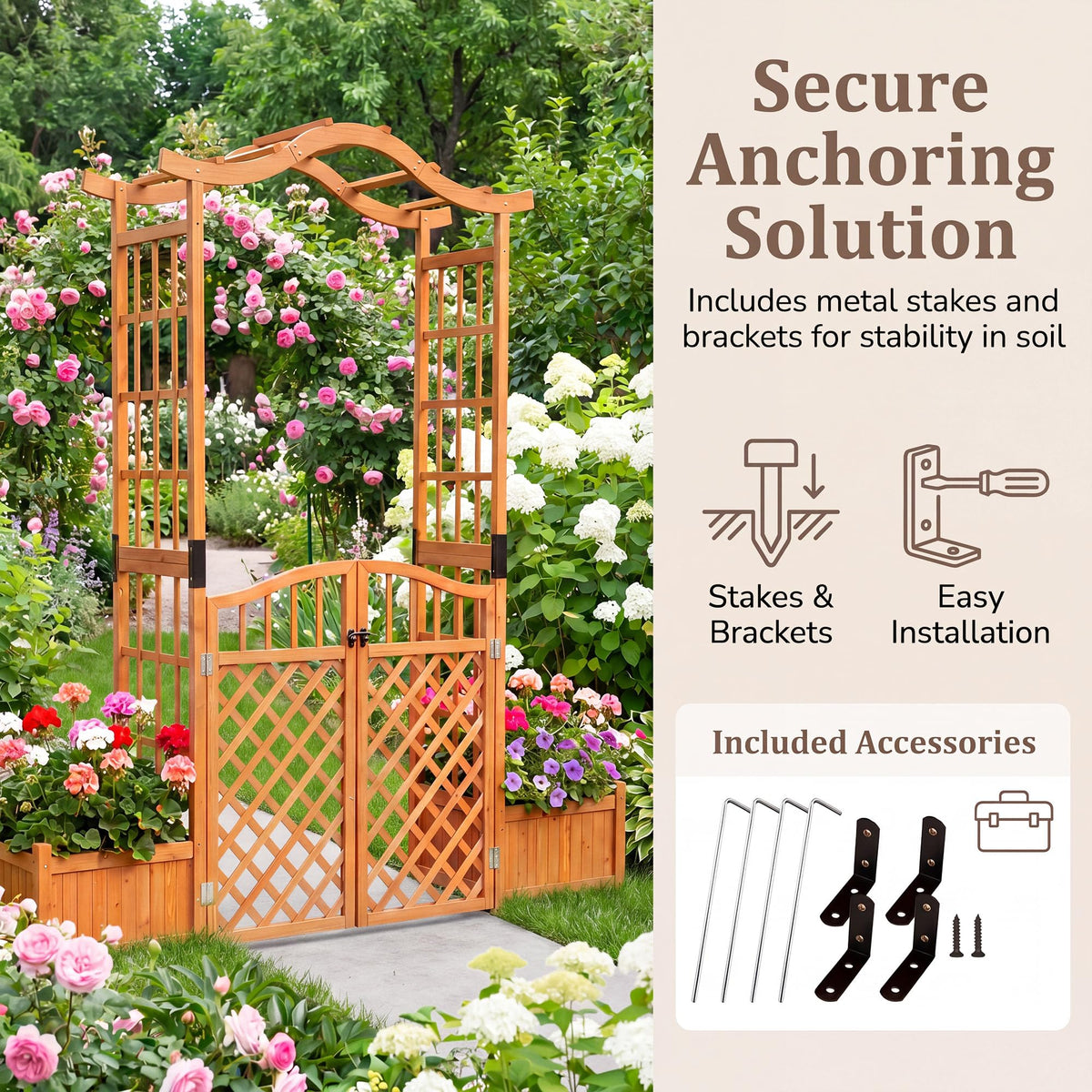 Lucktree 83" Wooden Garden Arbor with Gate and 2 Planter Boxes