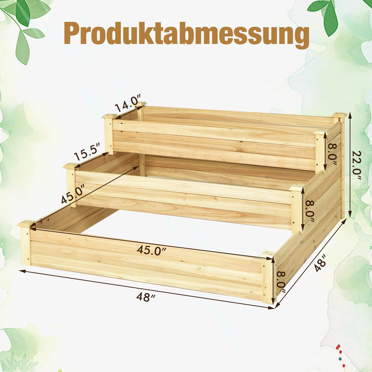 Lucktree 3 Tier Raised Garden Bed, Wood Planter Box 48 x 48 x 22 Inch Vegetable Flower Herb Fruit Growing Bed Kit