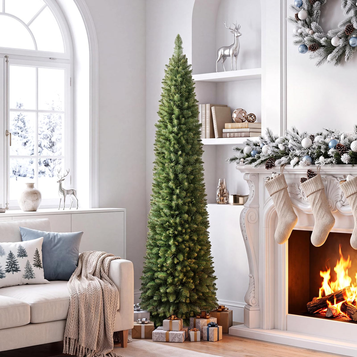 5ft/6ft/7ft/8ft/9ft/ Pre-Lit Pencil Christmas Tree, Slim Artificial Xmas Tree