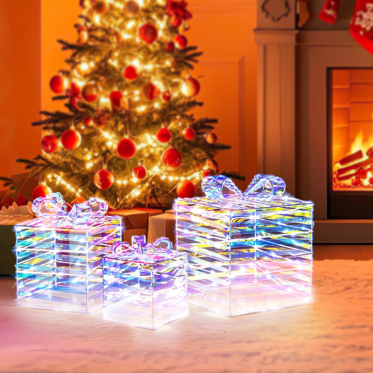 Lucktree 3 Pieces Christmas Lighted Gift Boxes, 90 LED Light up Present Boxes with Bows, Zip Ties & Ground Stakes
