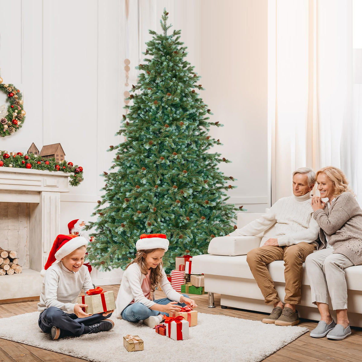 Lucktree 7ft Pre-Lit Artificial Christmas Tree, Hinged Full Xmas Pine Tree with 340 Warm White LED Lights