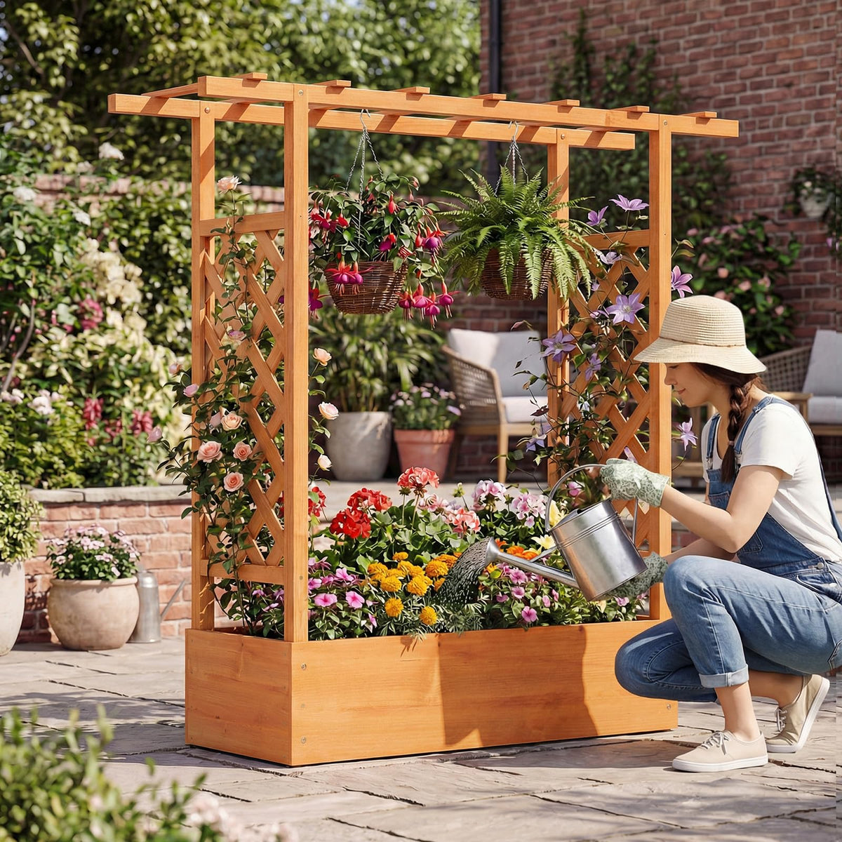 Lucktree Wooden Raised Garden Bed with Trellis & Hanging Roof