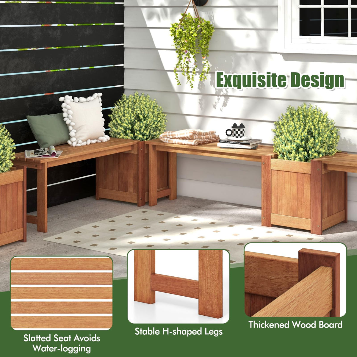 Lucktree Outdoor Bench with Raised Garden Bed, Wood Seat with Teak Oil Finish, Planter Box with Open-Ended Base
