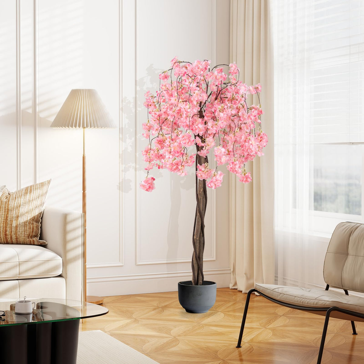 Lucktree 5.5FT Artificial Cherry Blossom Tree Faux Floral Plant Blooming Tree in Nursery Pot