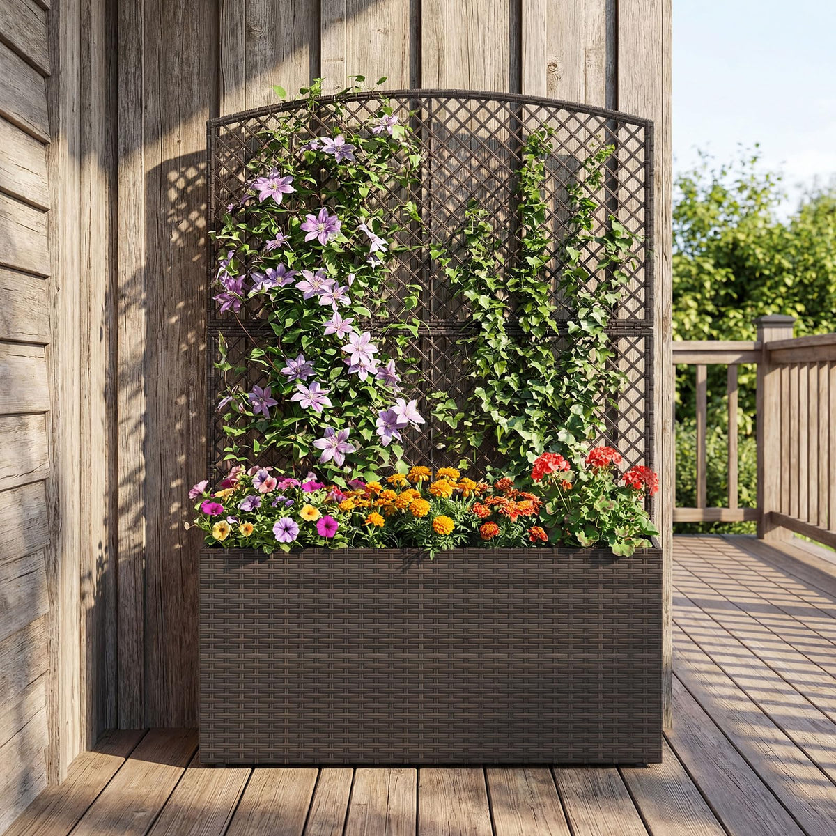 Lucktree Raised Garden Bed with Trellis | 58'' Tall PE Rattan Planter Box w/Liner & Drainage