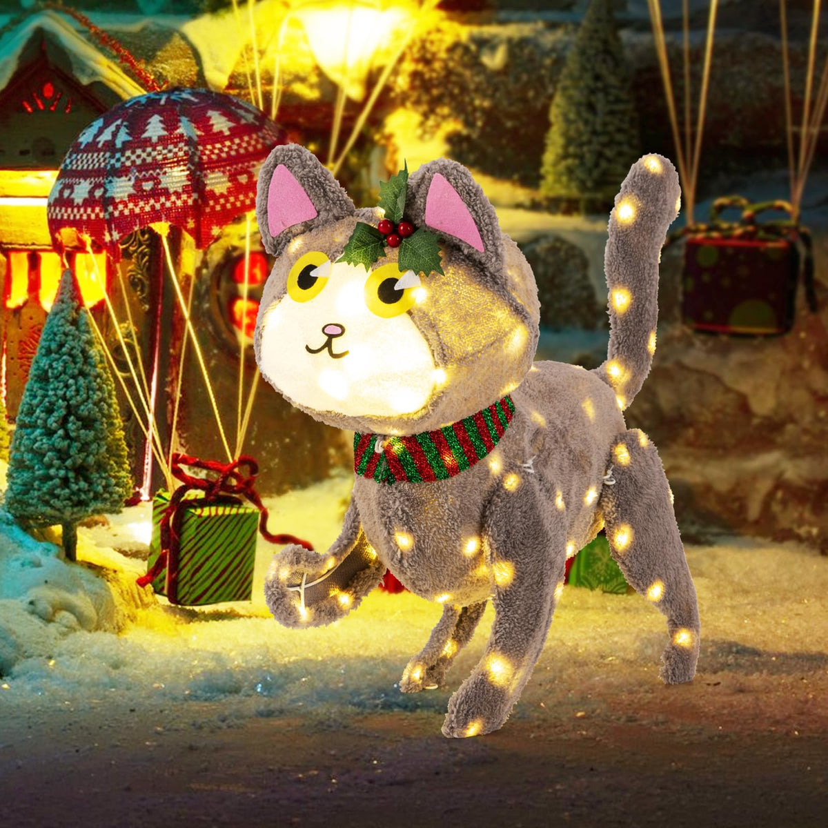 Lucktree Lighted Christmas Cat, Indoor Outdoor Kitty Decoration w/ 88 LED Lights