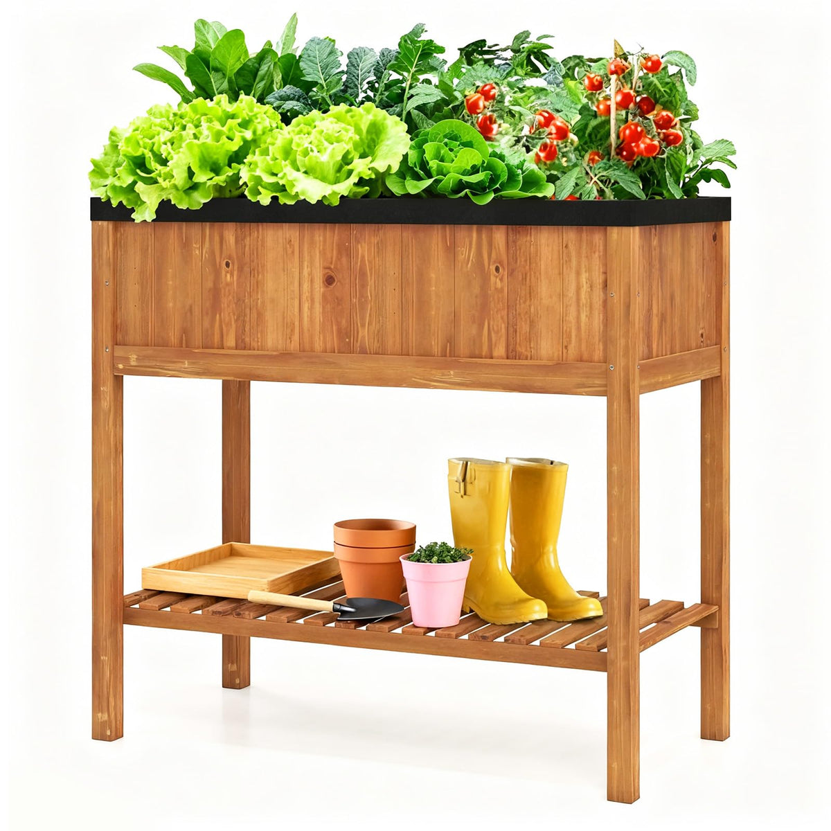 Lucktree 40"x20"x39" Raised Garden Bed Wood Planter Box with Plant Stand & Black Liner