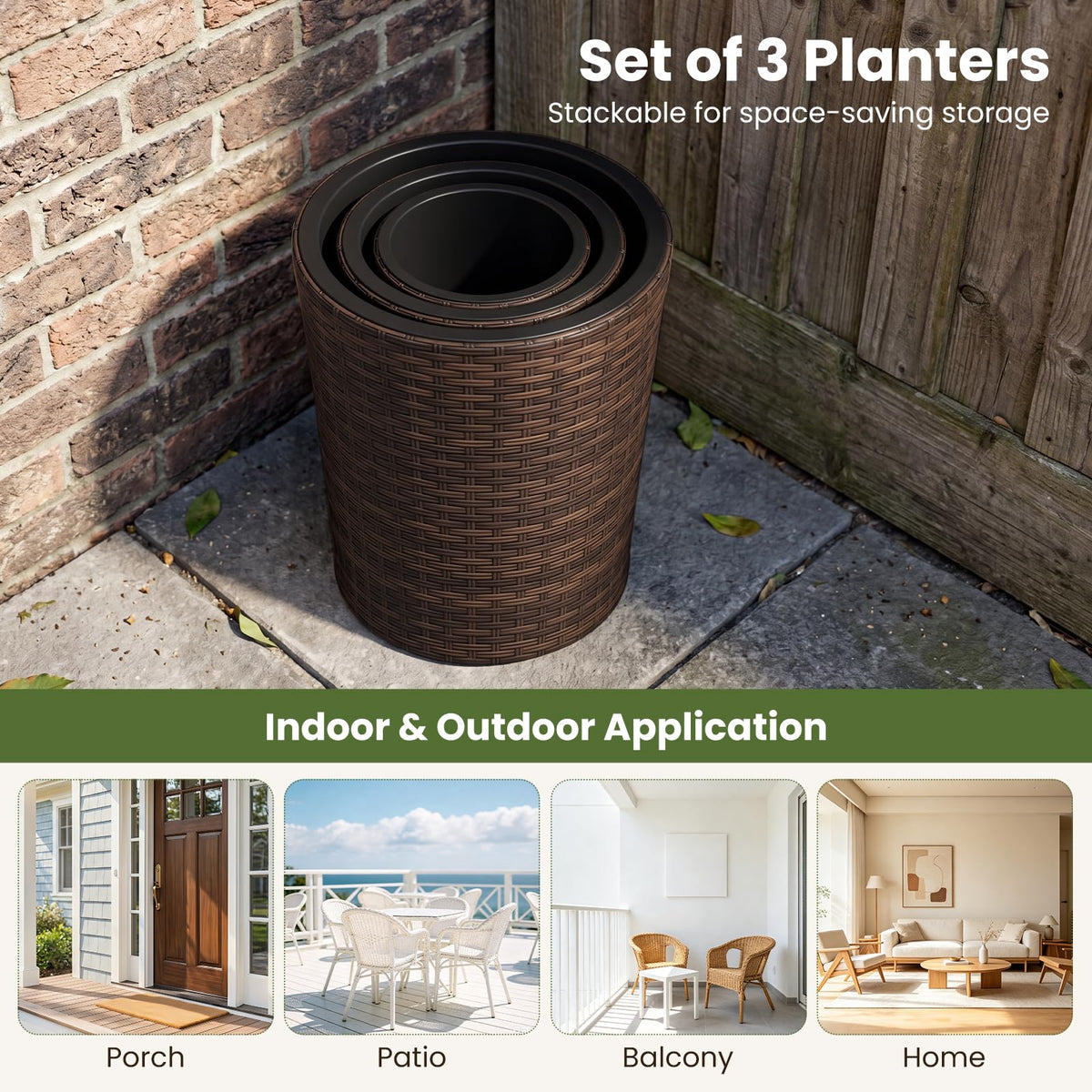 Lucktree Set of 3 Plastic Planters | 14 & 11 & 9 Inch Taper Rattan Planters with Drainage Holes and Saucers