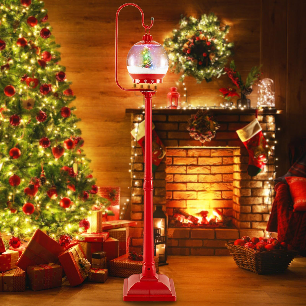 Lucktree 68 Inch Musical Christmas Street Lamp, Festive Lamp Post w/Sound-Activated Snow Globe Lantern